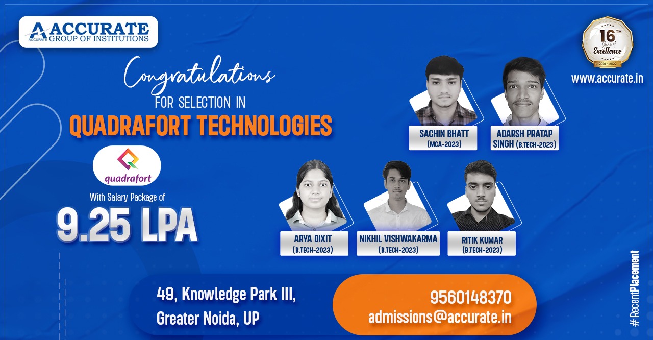 MCA and BTech Students Has Been Selected By Quadrafort 