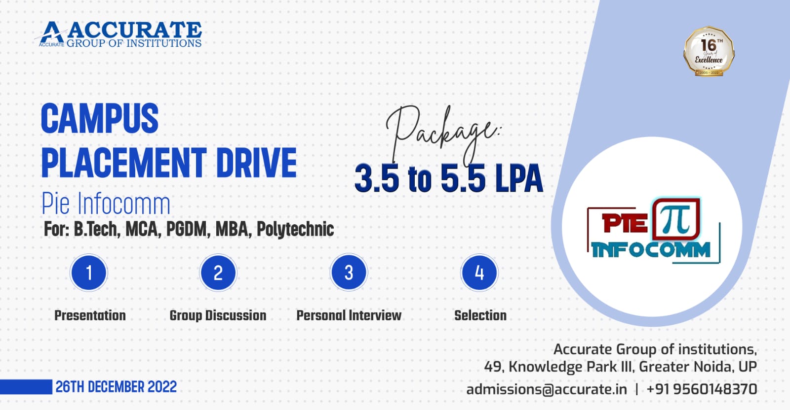 Campus Placement Drive for BTech, MCA, PGDM, MBA and Polytechnic Students