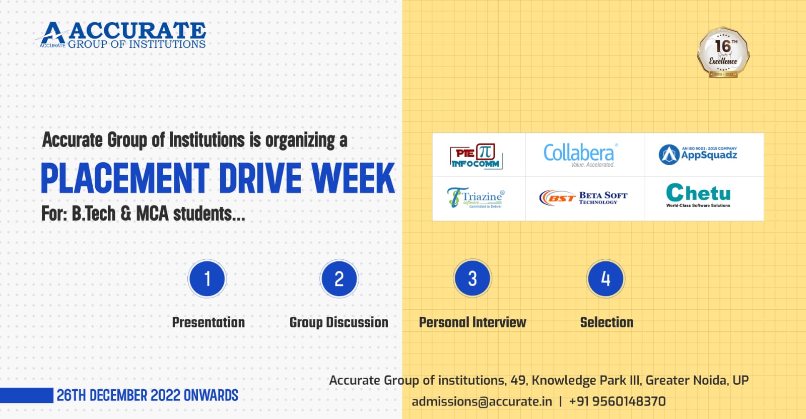 Placement Drive Week for BTech and MCA Students