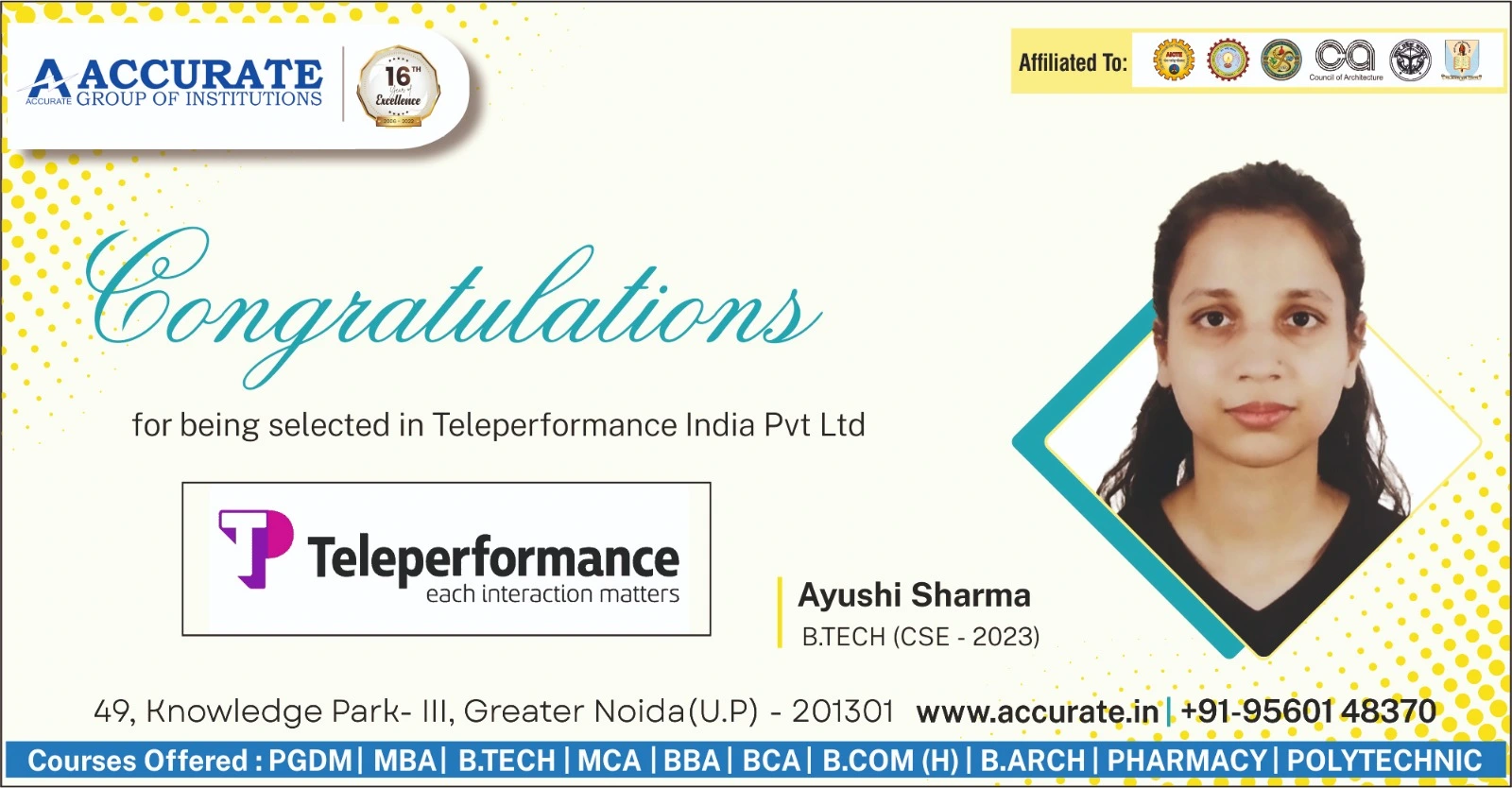 B.Tech Placement - Ayushi Sharma Selected by Teleperformance