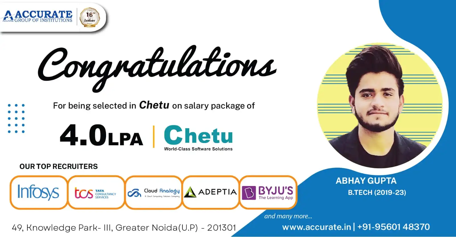 B.Tech Placement - Abhay Gupta Selected by Chetu