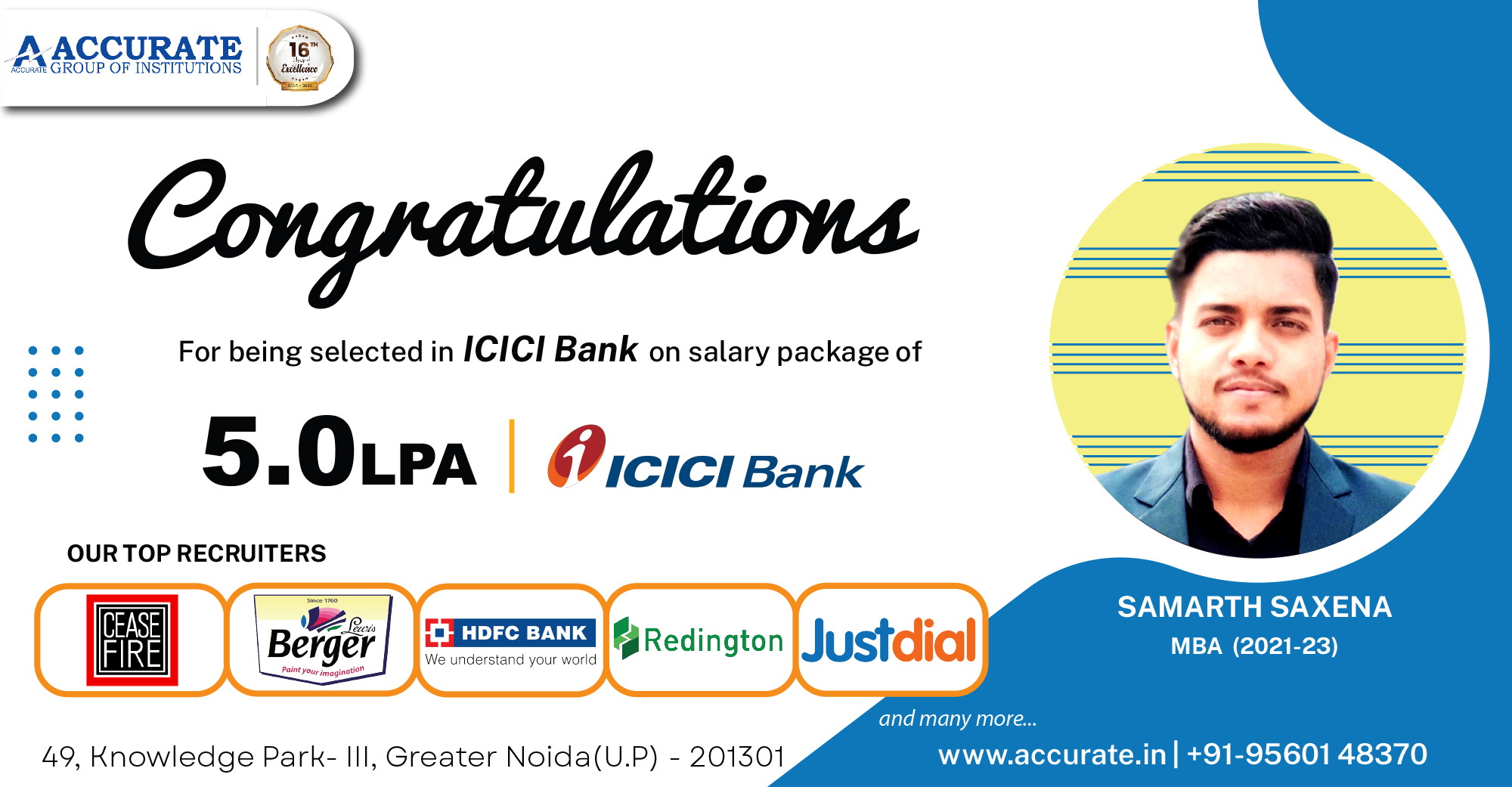 Samarth Saxena selected by ICICI Bank