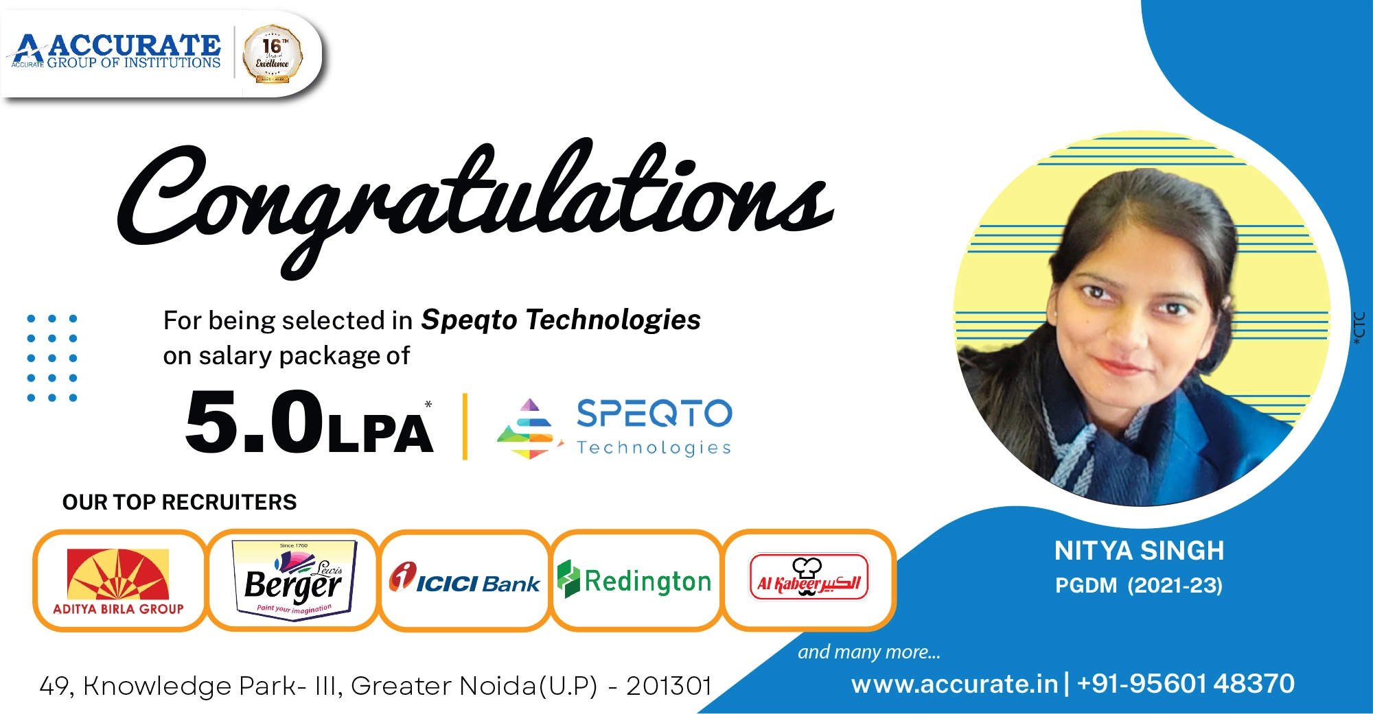 Nitya Singh selected by Speqto Technologies