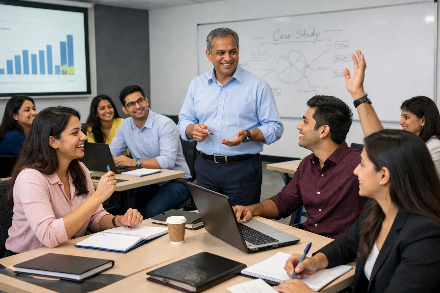 Management students learning practical business skills in classroom