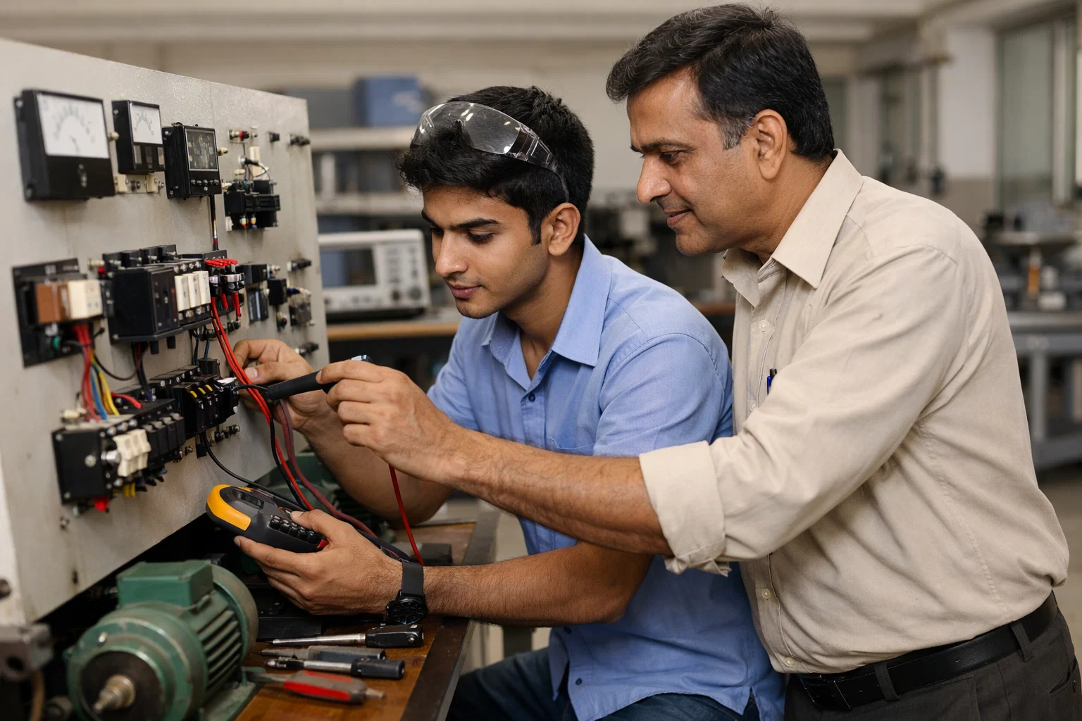 Polytechnic diploma student learning practical engineering skills in a technical training lab