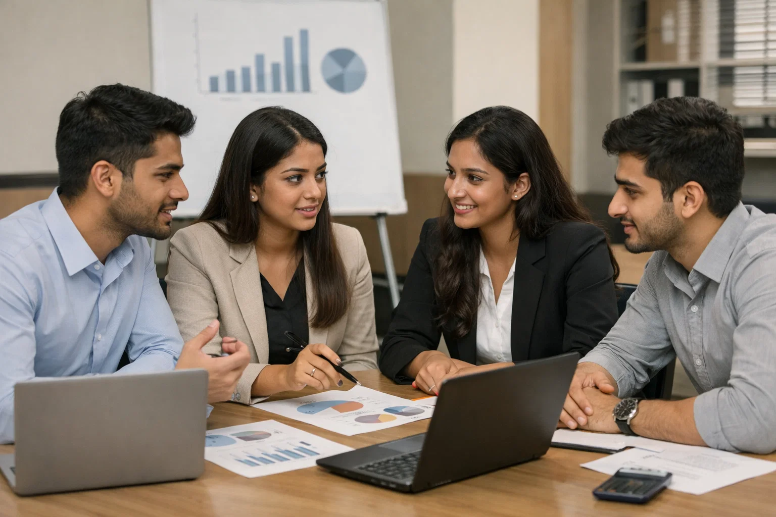 BBA students collaborating on a business presentation